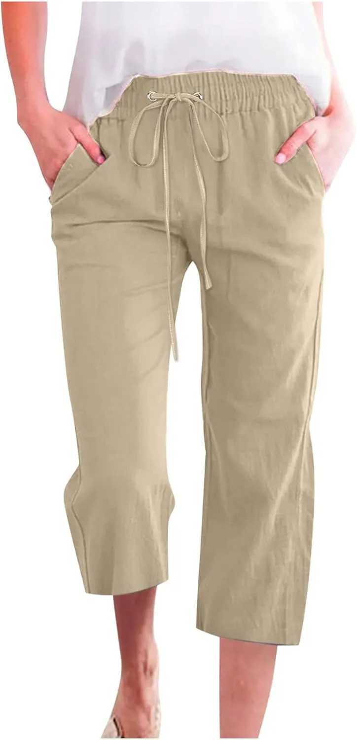 Capri Pants for Women 2024 Summer Casual Drawstring High Waist Linen Pants Straight Wide Leg Capris Cropped Trousers