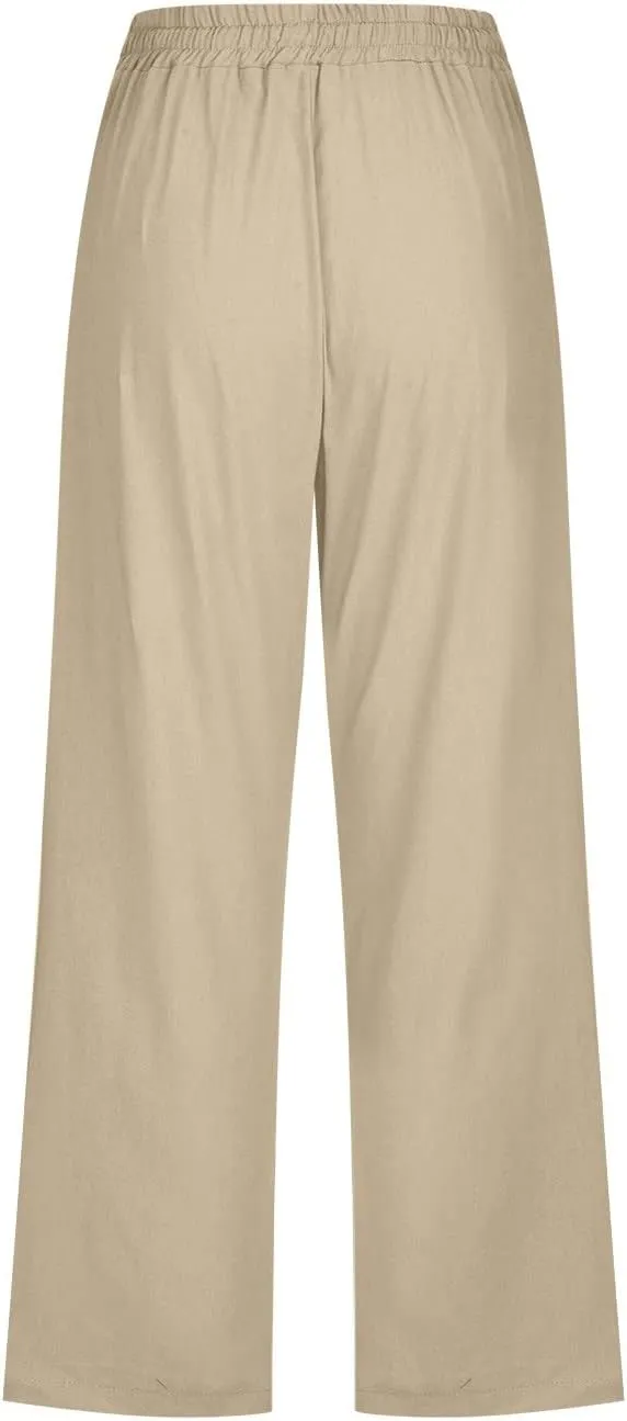 Capri Pants for Women 2024 Summer Casual Drawstring High Waist Linen Pants Straight Wide Leg Capris Cropped Trousers