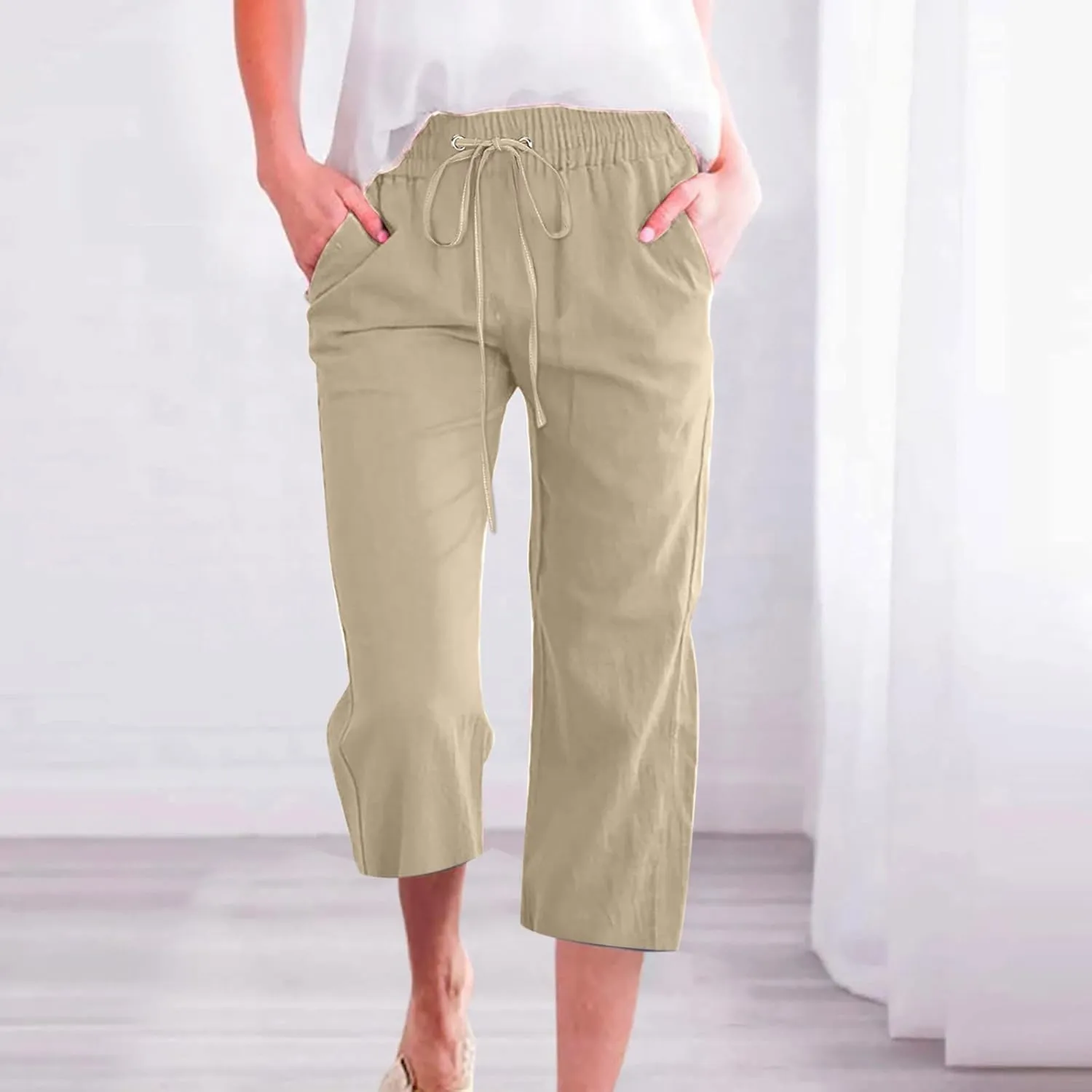 Capri Pants for Women 2024 Summer Casual Drawstring High Waist Linen Pants Straight Wide Leg Capris Cropped Trousers