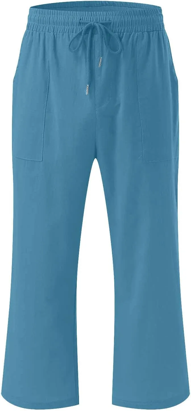 Capri Pants for Women Plus Size Linen Pant with Pockets Drawstring Cropped Trousers Casual Elastic Waist Pant 2025
