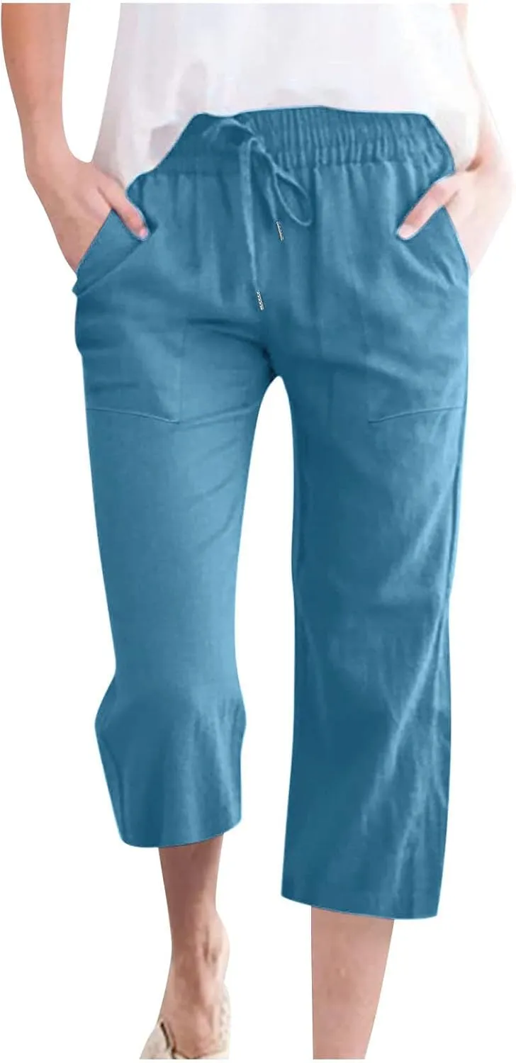 Capri Pants for Women Plus Size Linen Pant with Pockets Drawstring Cropped Trousers Casual Elastic Waist Pant 2025