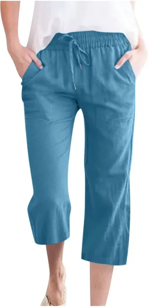 Capri Pants for Women Plus Size Linen Pant with Pockets Drawstring Cropped Trousers Casual Elastic Waist Pant 2025
