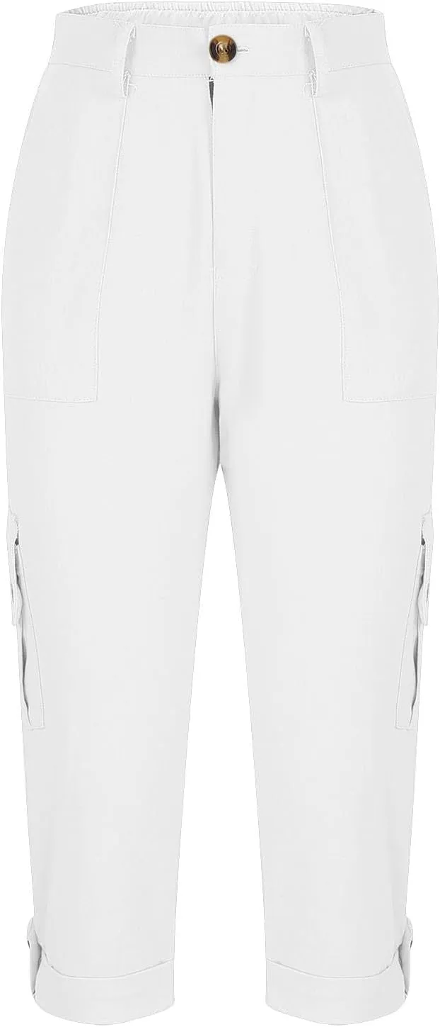 Capri Pants for Women Summer 2024 Cotton Linen Trousers with Pockets Straight Cropped Trousers Pants for Work