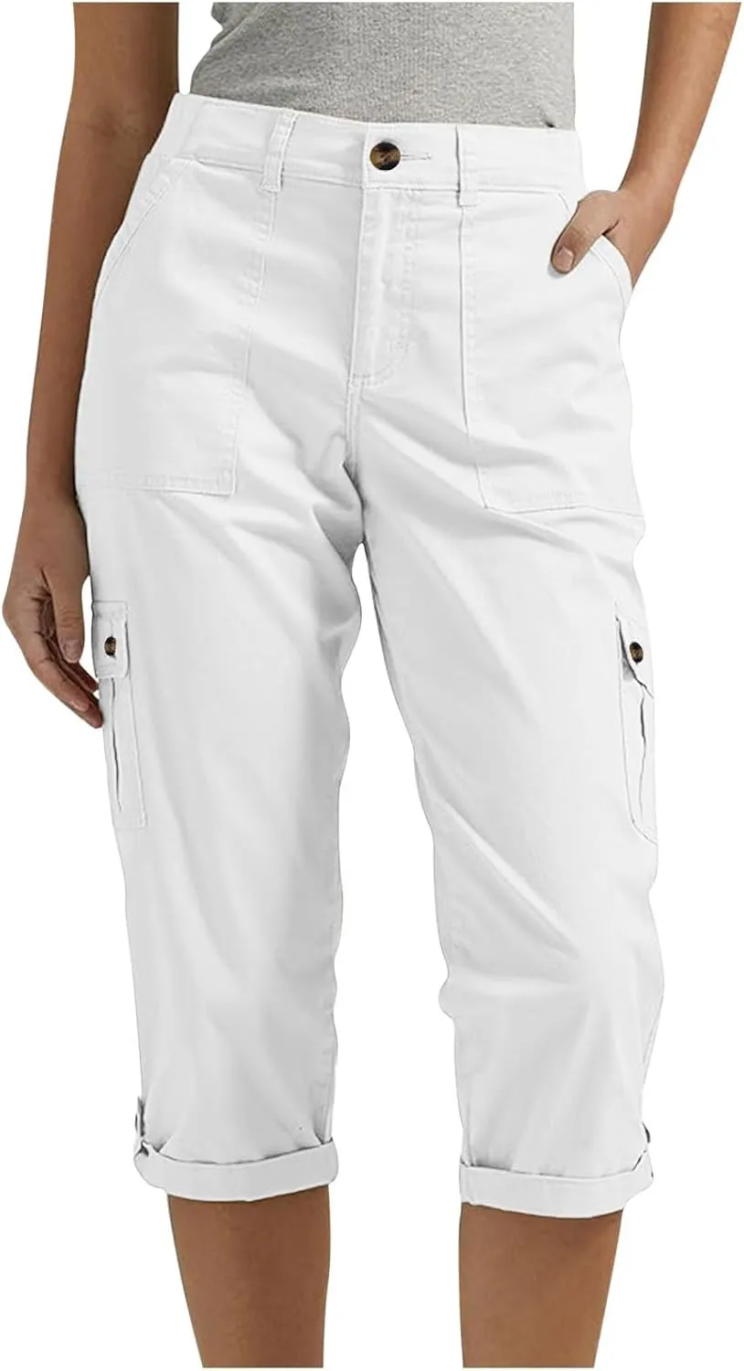 Capri Pants for Women Summer 2024 Cotton Linen Trousers with Pockets Straight Cropped Trousers Pants for Work