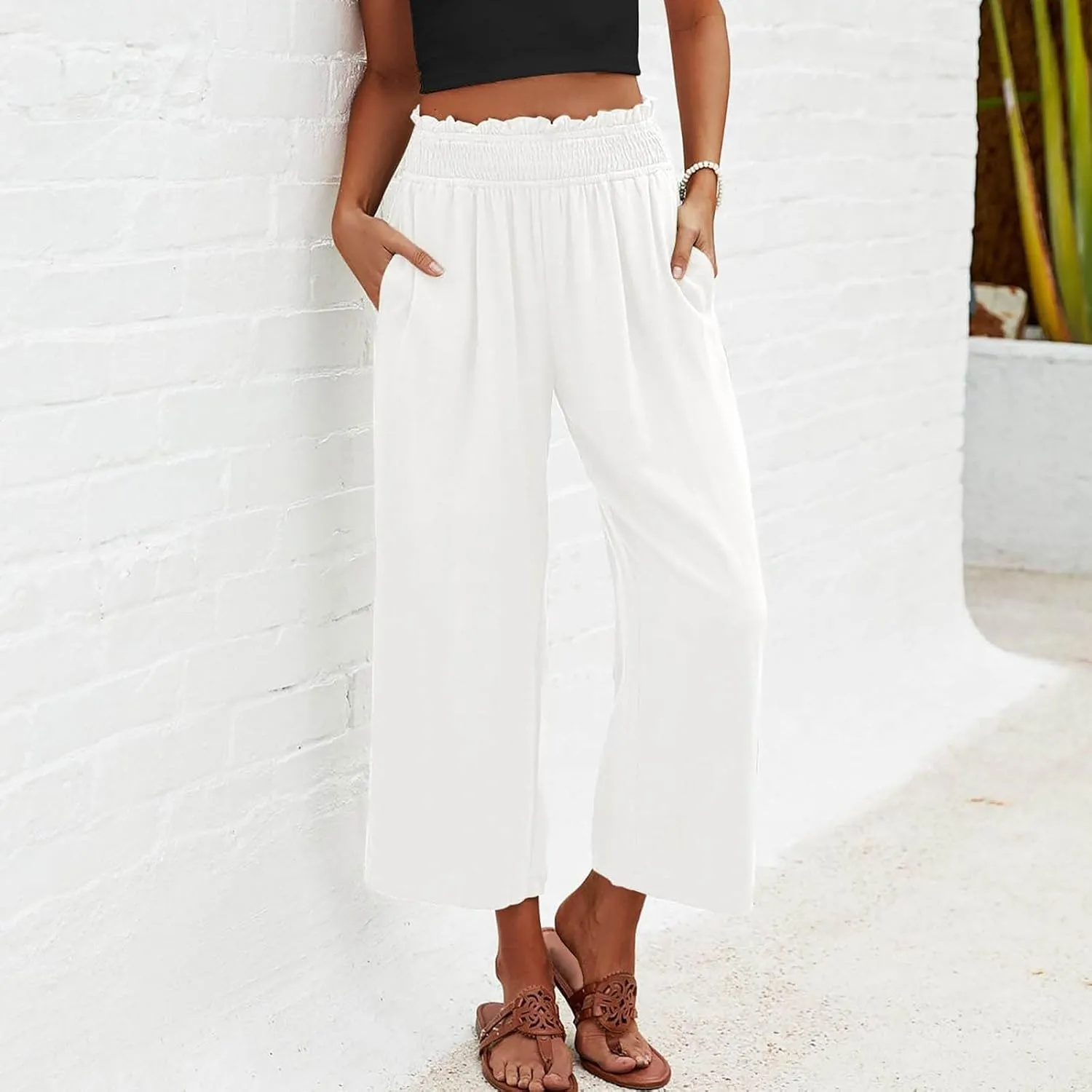 Capri Pants for Women Summer Cotton Linen High Waisted Wide Leg Pants Casual Lace Elastic Band Trousers with Pockets