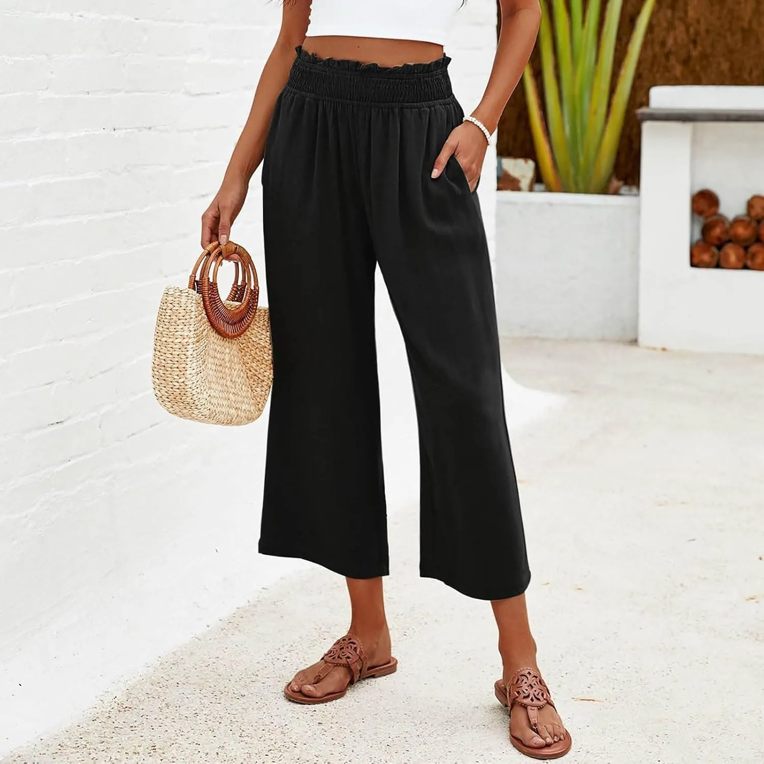 Capri Pants for Women Summer Cotton Linen High Waisted Wide Leg Pants Casual Lace Elastic Band Trousers with Pockets