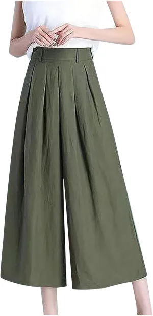 Capri Pants for Women Summer Cotton Linen High Waisted Wide Leg Pants Casual Lace Elastic Band Trousers with Pockets