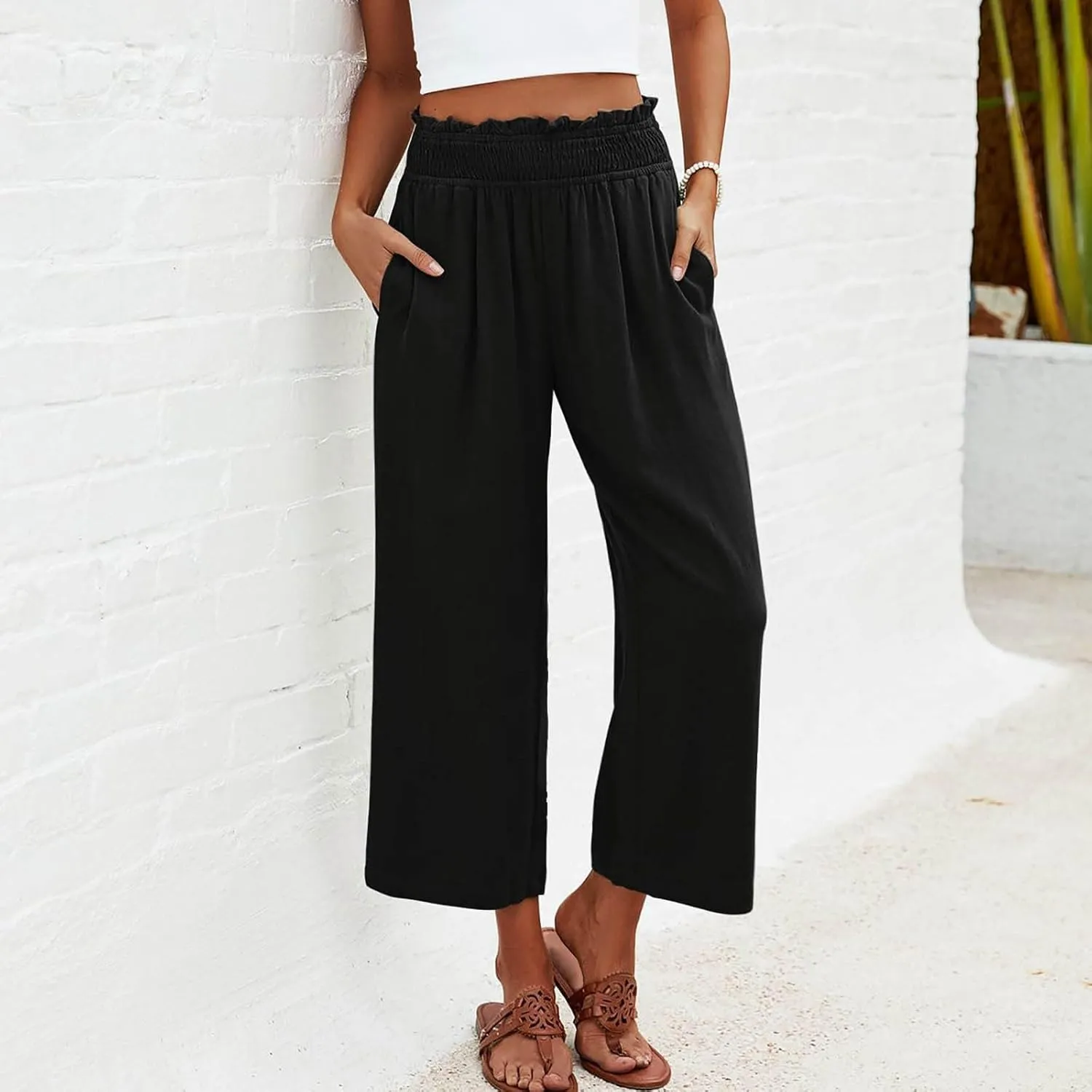 Capri Pants for Women Summer Cotton Linen High Waisted Wide Leg Pants Casual Lace Elastic Band Trousers with Pockets