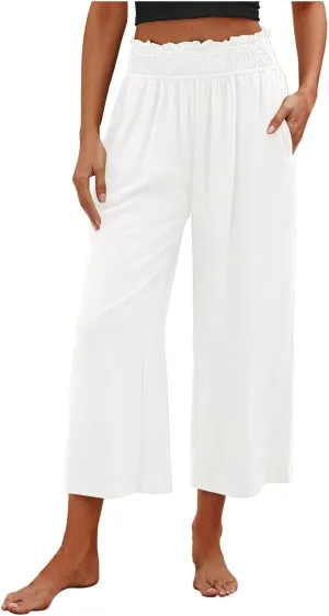 Capri Pants for Women Summer Cotton Linen High Waisted Wide Leg Pants Casual Lace Elastic Band Trousers with Pockets