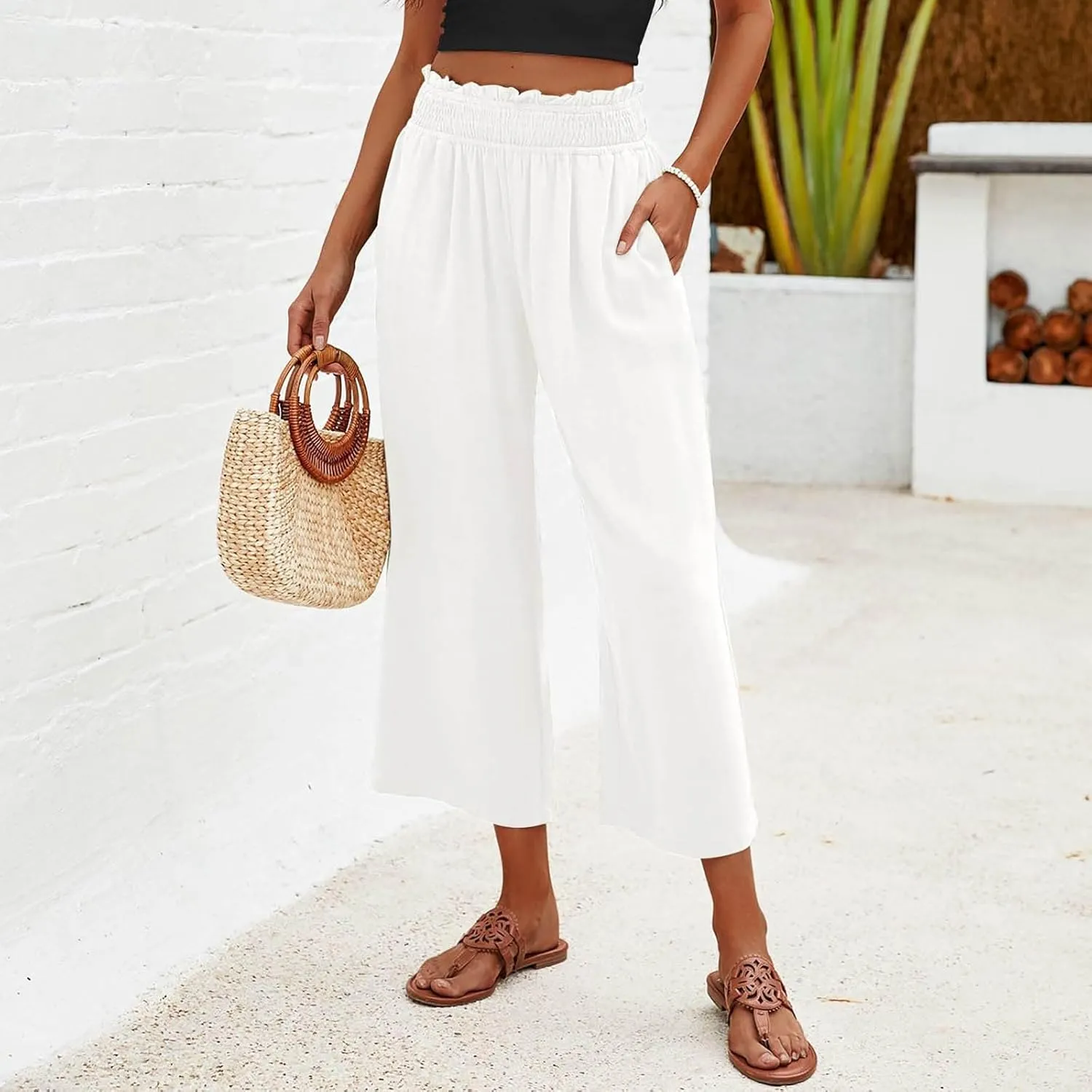 Capri Pants for Women Summer Cotton Linen High Waisted Wide Leg Pants Casual Lace Elastic Band Trousers with Pockets