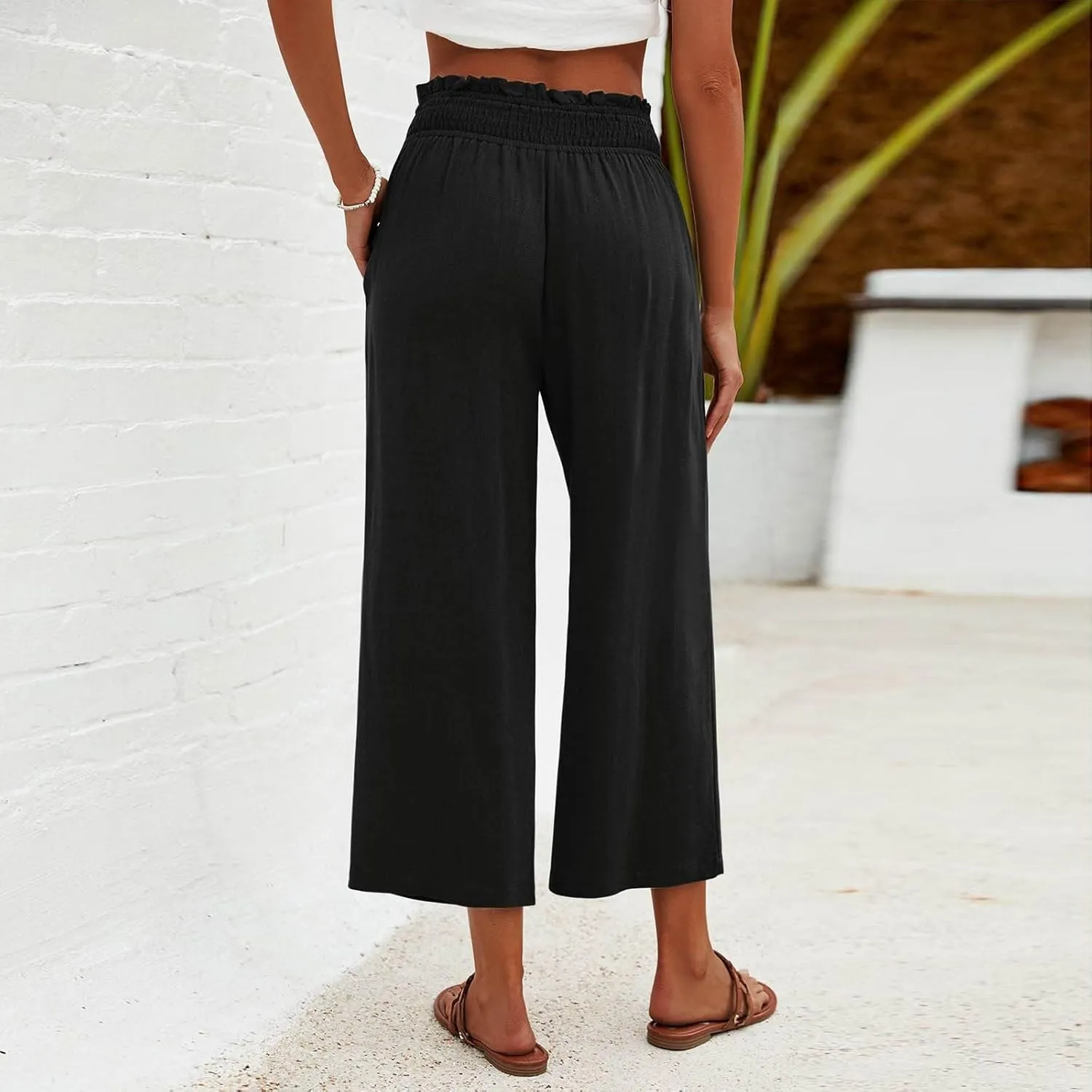 Capri Pants for Women Summer Cotton Linen High Waisted Wide Leg Pants Casual Lace Elastic Band Trousers with Pockets