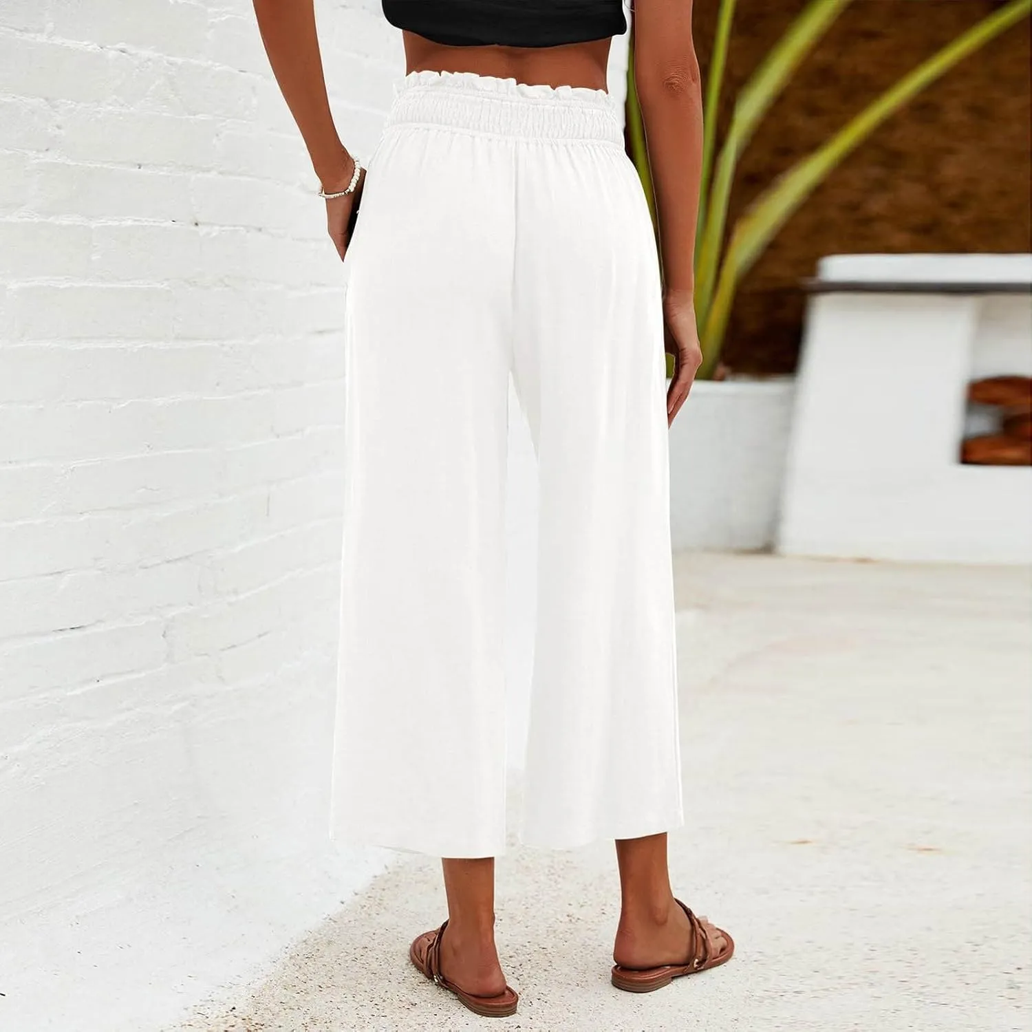 Capri Pants for Women Summer Cotton Linen High Waisted Wide Leg Pants Casual Lace Elastic Band Trousers with Pockets