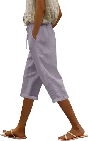 Capri Pants for Women Summer Cotton Linen Pants Casual Drawstring Elastic High Waist Cropped Trouser with Pockets