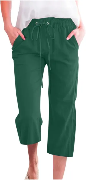 Capri Pants Women Stretch Dressy Summer Casual Comfy Wide Leg Drawstring Elastic High Waist Linen Straight Trouser