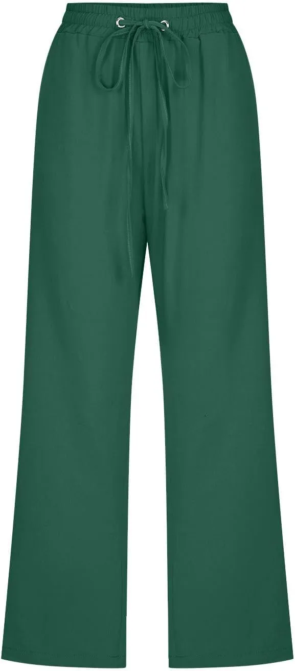 Capri Pants Women Stretch Dressy Summer Casual Comfy Wide Leg Drawstring Elastic High Waist Linen Straight Trouser