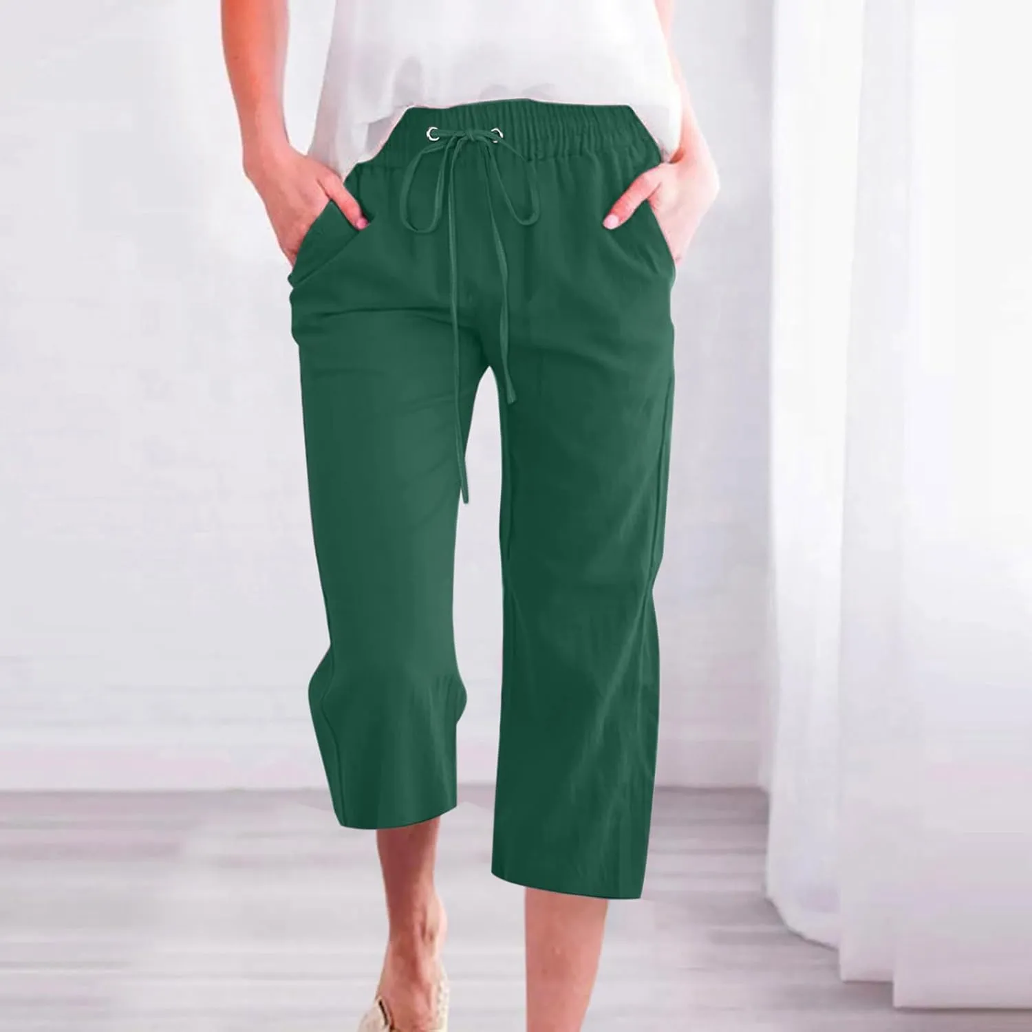 Capri Pants Women Stretch Dressy Summer Casual Comfy Wide Leg Drawstring Elastic High Waist Linen Straight Trouser