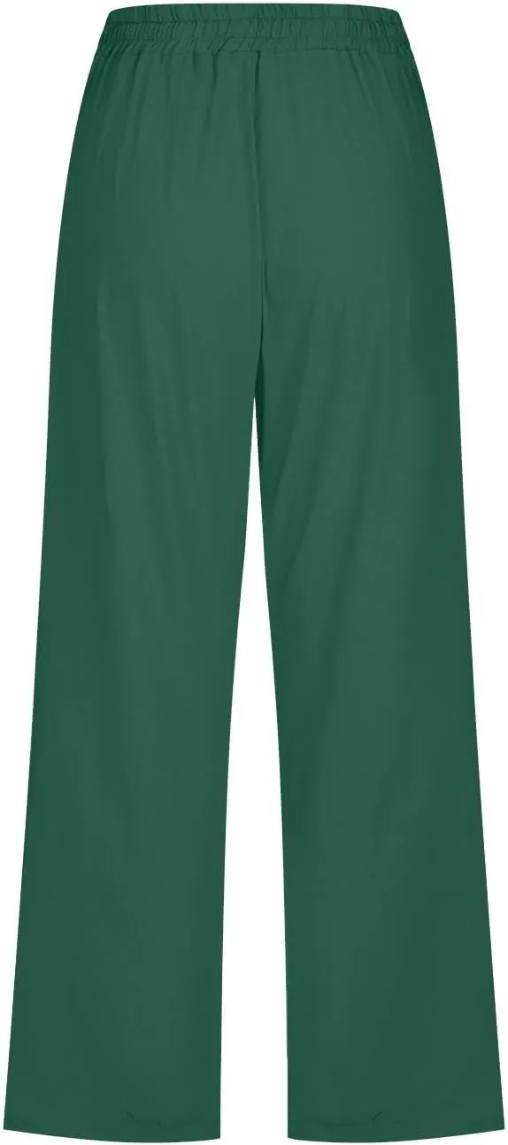 Capri Pants Women Stretch Dressy Summer Casual Comfy Wide Leg Drawstring Elastic High Waist Linen Straight Trouser