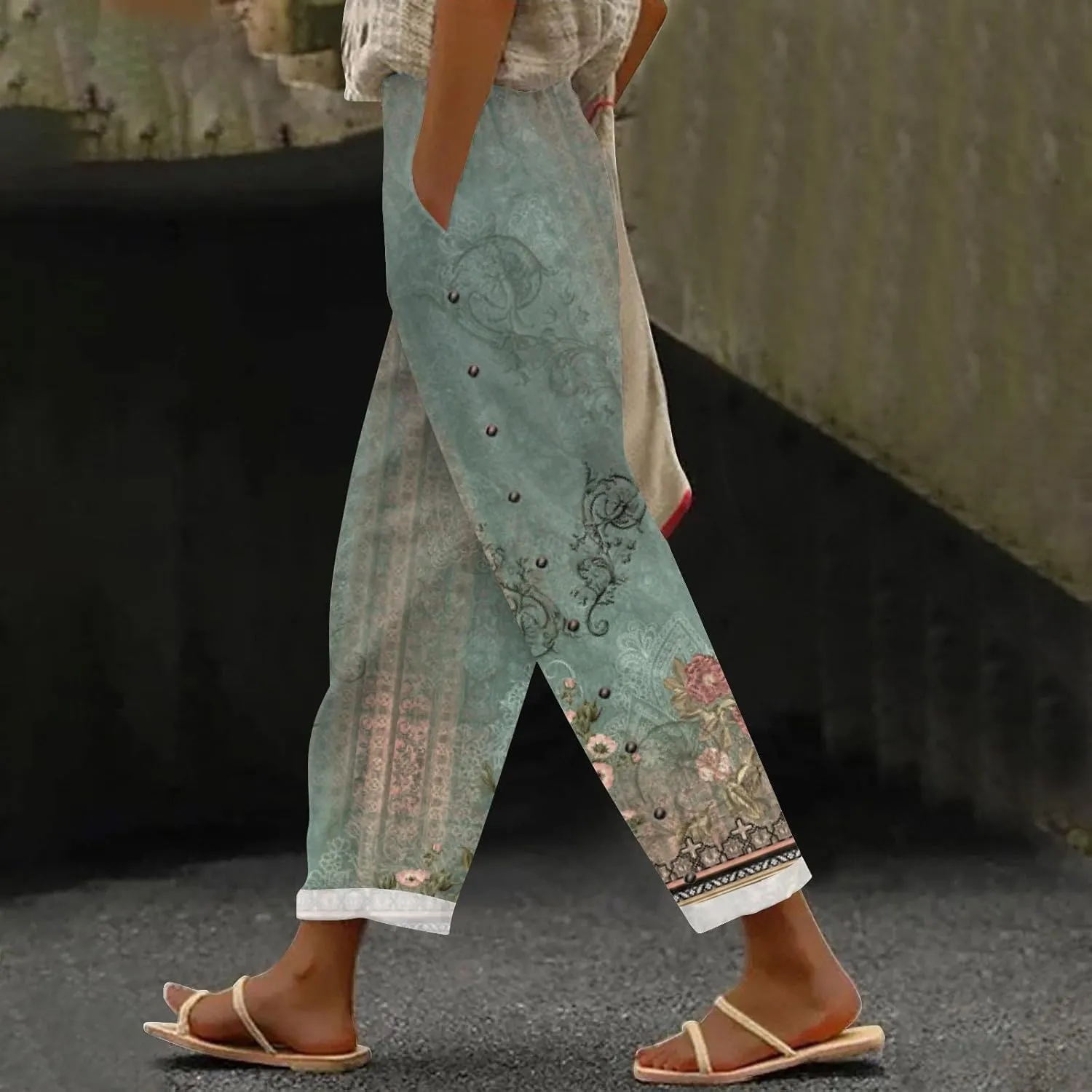 Capris Pants for Women Striped Elastic Waistband High Waistband Pocket Pants Side Nine Point Loose Casual