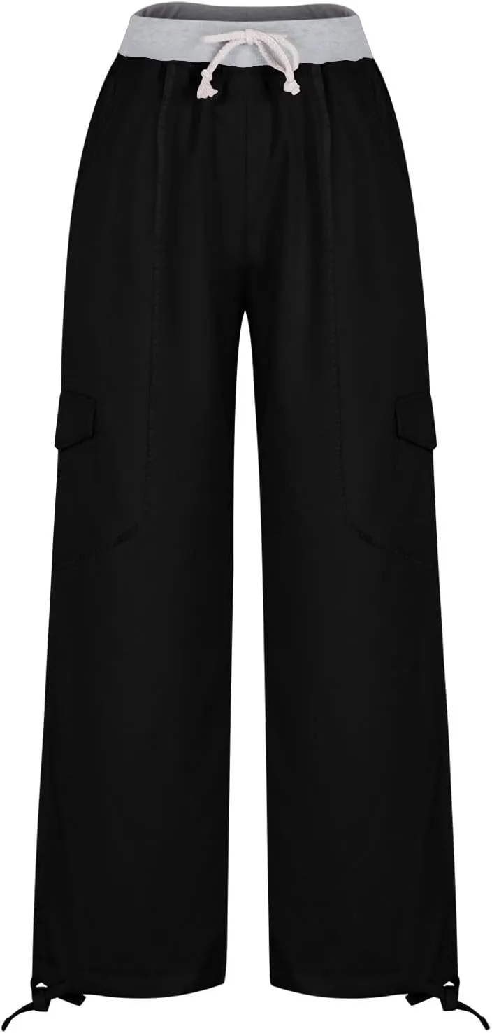 Cargo Pants Women with Flap Pockets High Waisted Side Tie Hem Straight Leg Drawstring Hiking Pants for Travel Joggers