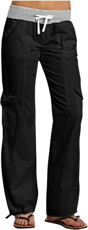 Cargo Pants Women with Flap Pockets High Waisted Side Tie Hem Straight Leg Drawstring Hiking Pants for Travel Joggers