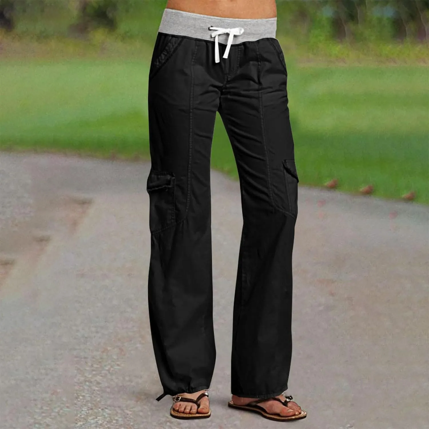 Cargo Pants Women with Flap Pockets High Waisted Side Tie Hem Straight Leg Drawstring Hiking Pants for Travel Joggers