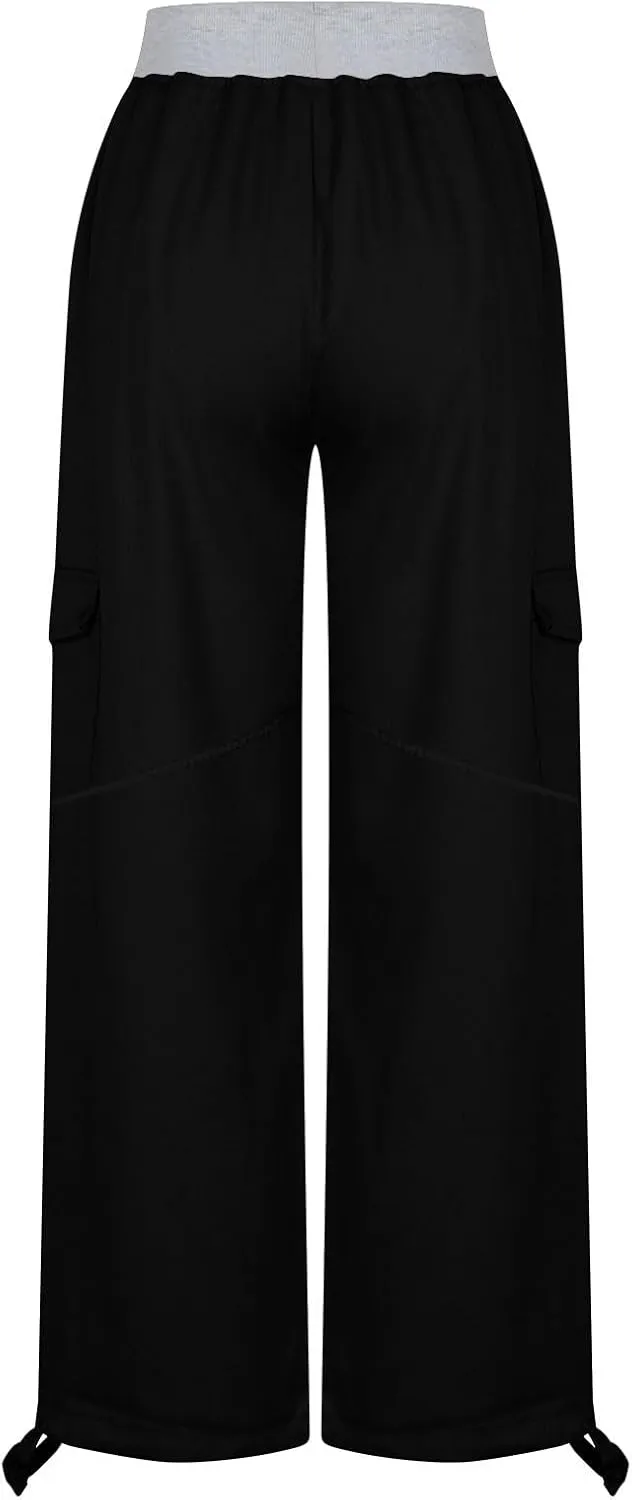 Cargo Pants Women with Flap Pockets High Waisted Side Tie Hem Straight Leg Drawstring Hiking Pants for Travel Joggers