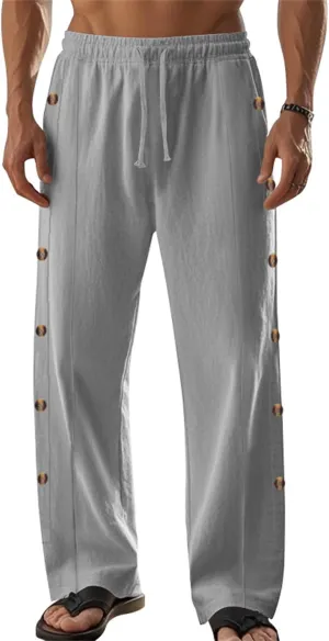 Casual Linen Pants for Men Side Button Elastic Waist Trousers Drawstring Open Bottom Pants Summer Baggy Thin Trousers