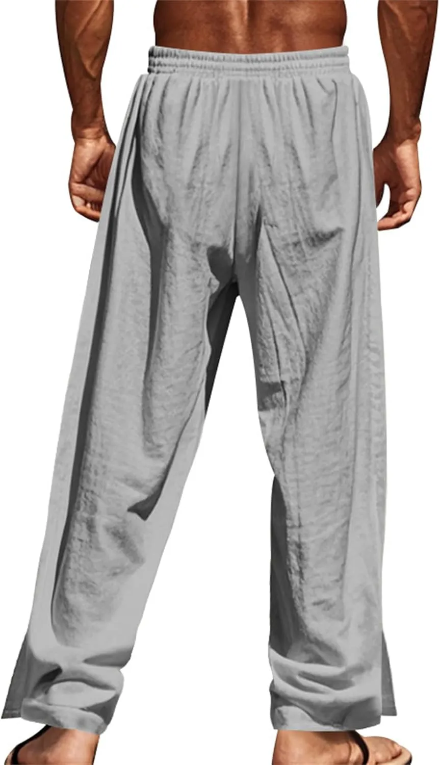 Casual Linen Pants for Men Side Button Elastic Waist Trousers Drawstring Open Bottom Pants Summer Baggy Thin Trousers