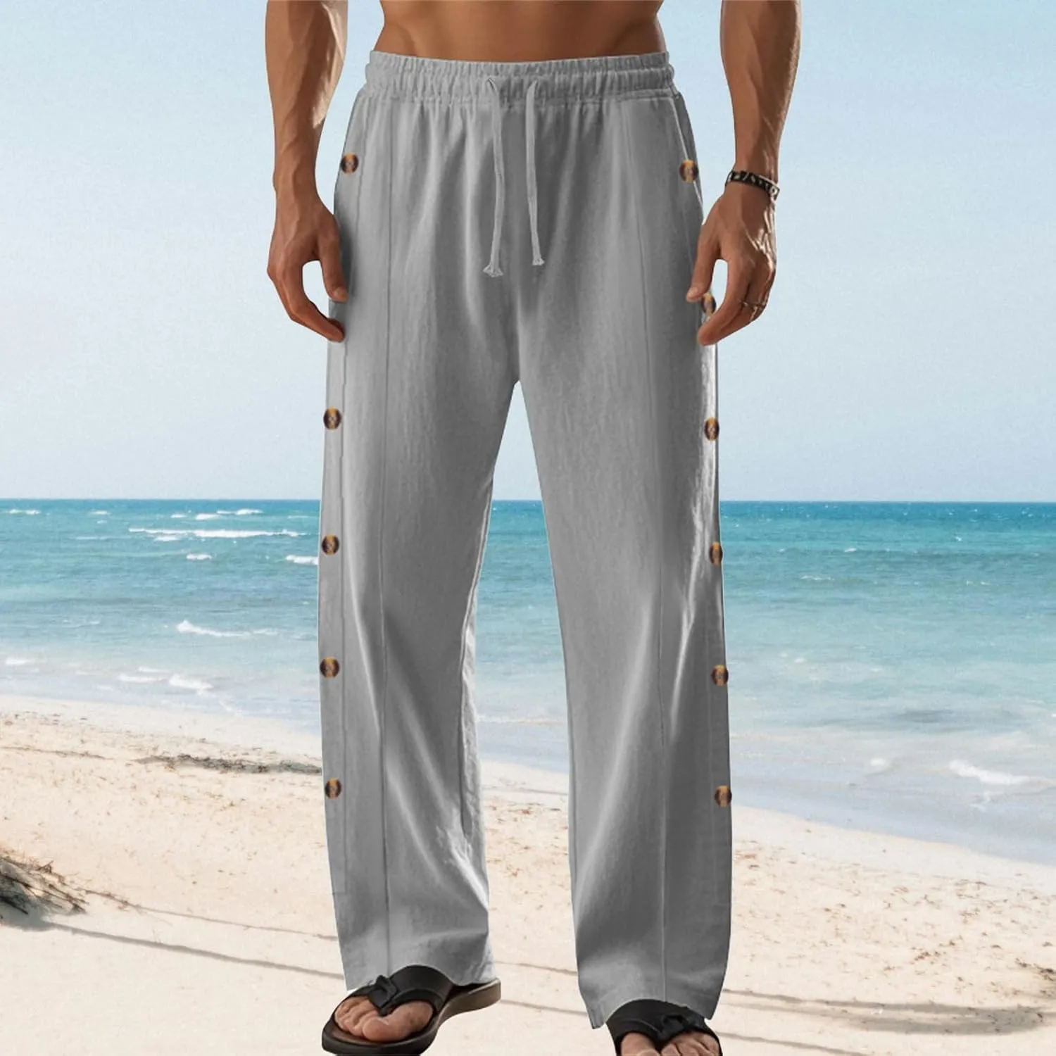 Casual Linen Pants for Men Side Button Elastic Waist Trousers Drawstring Open Bottom Pants Summer Baggy Thin Trousers