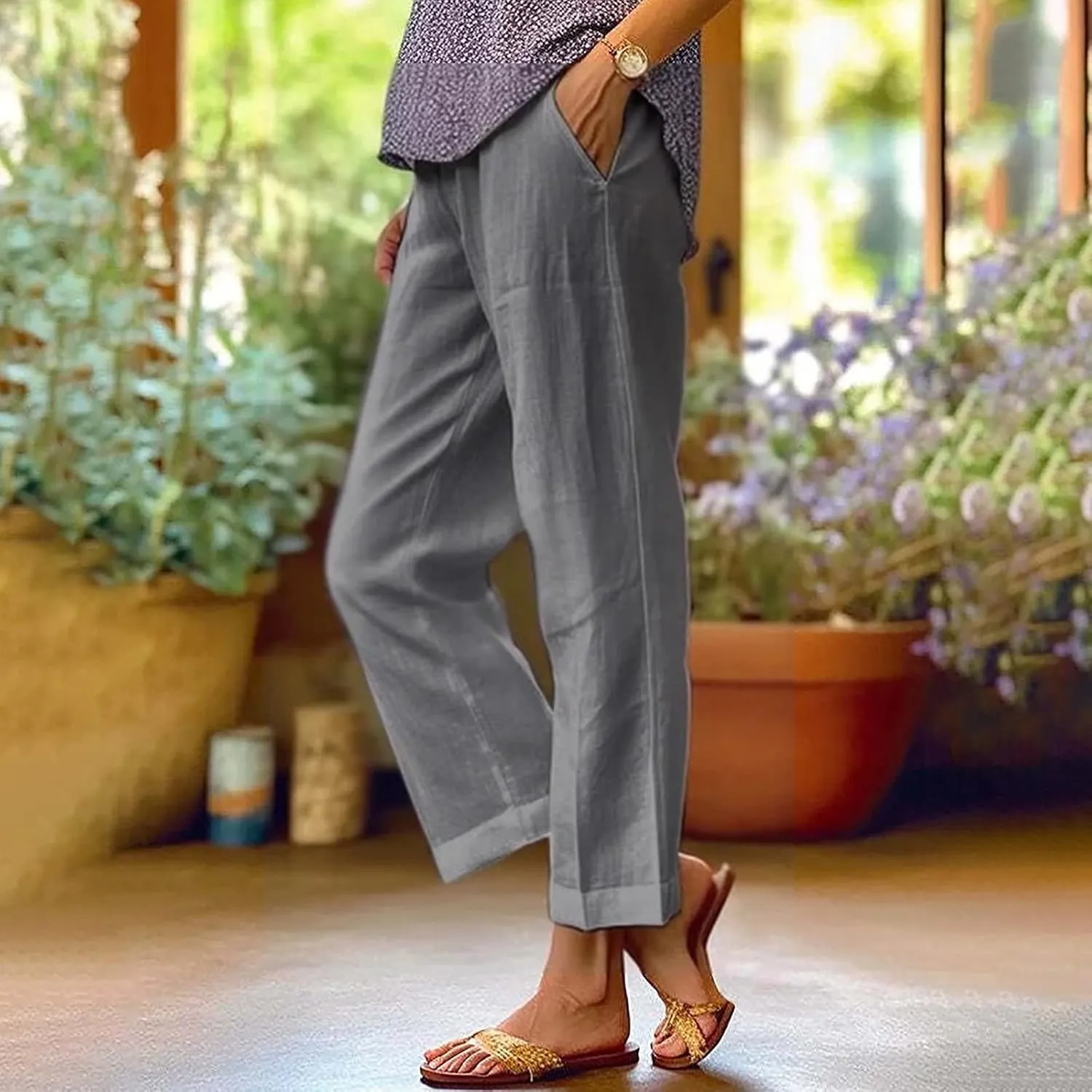 Casual Linen Pants for Women 2025 Solid Straight Elastic Pants Long Drawstring Linen Waist Cotton Casual Trousers