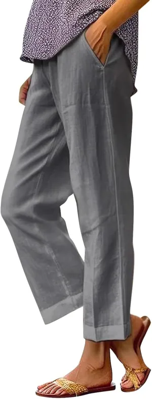 Casual Linen Pants for Women 2025 Solid Straight Elastic Pants Long Drawstring Linen Waist Cotton Casual Trousers