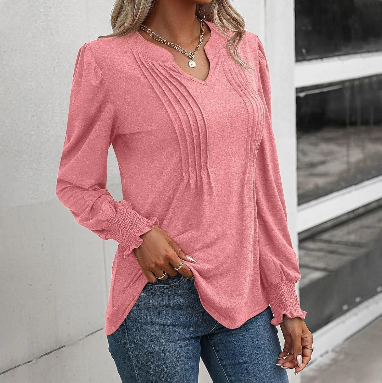 Casual Tunic Tops Women's Loose V Neck Ruffle Long Lantern Sleeve Blouse Solid Color Front Pleated Tee Shirt Fall