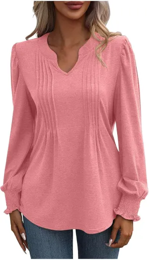 Casual Tunic Tops Women's Loose V Neck Ruffle Long Lantern Sleeve Blouse Solid Color Front Pleated Tee Shirt Fall