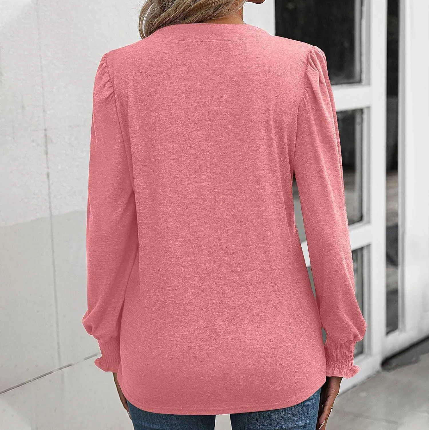 Casual Tunic Tops Women's Loose V Neck Ruffle Long Lantern Sleeve Blouse Solid Color Front Pleated Tee Shirt Fall