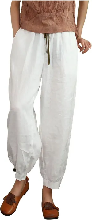 Ceboye Women's High Waist Linen Pants Drawstring Summer Baggy Lantern Tapered Trousers Flax Ankle Comfy Harem Pants