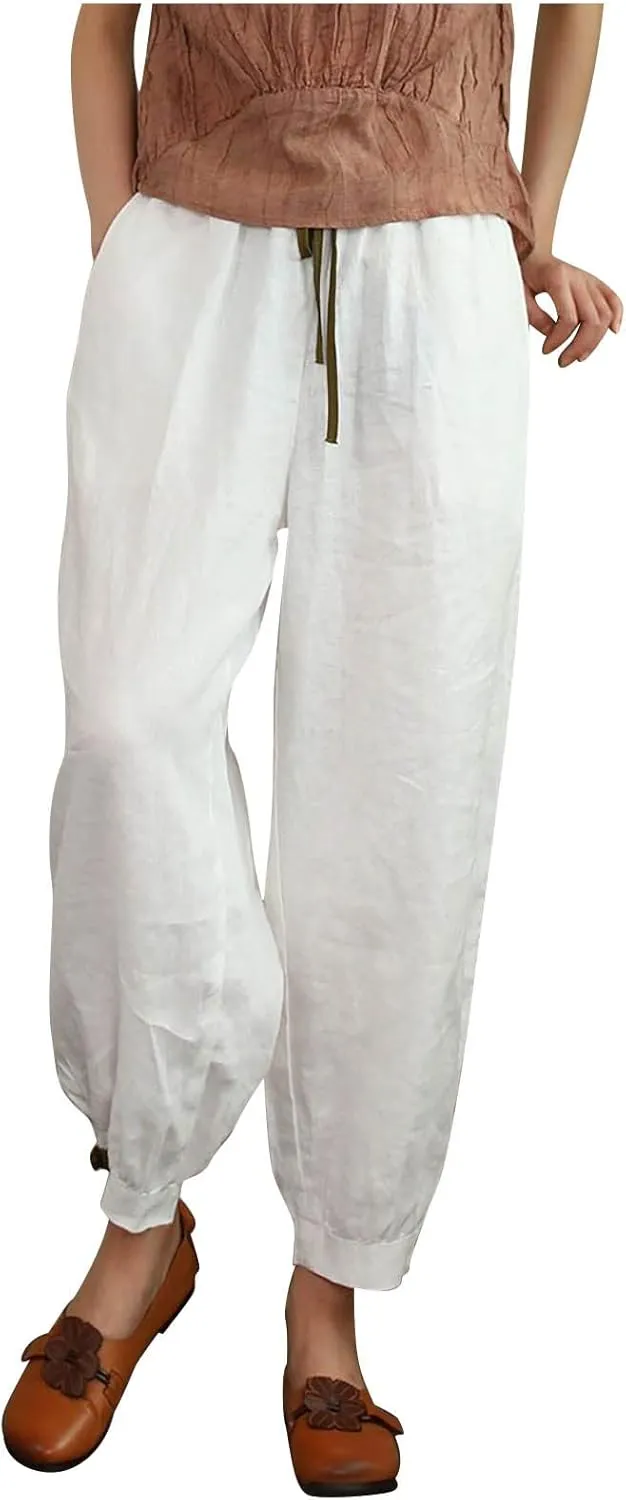Ceboye Women's High Waist Linen Pants Drawstring Summer Baggy Lantern Tapered Trousers Flax Ankle Comfy Harem Pants
