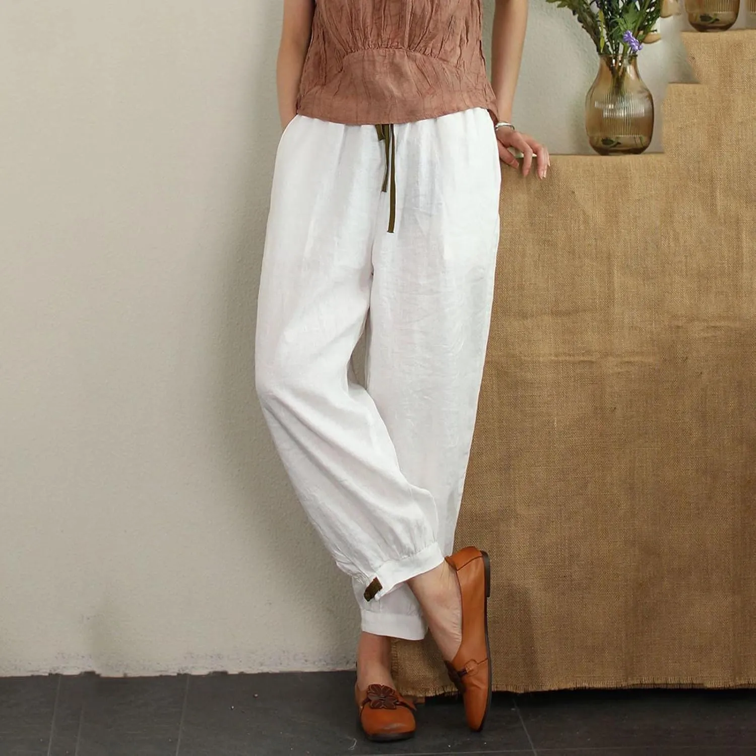 Ceboye Women's High Waist Linen Pants Drawstring Summer Baggy Lantern Tapered Trousers Flax Ankle Comfy Harem Pants