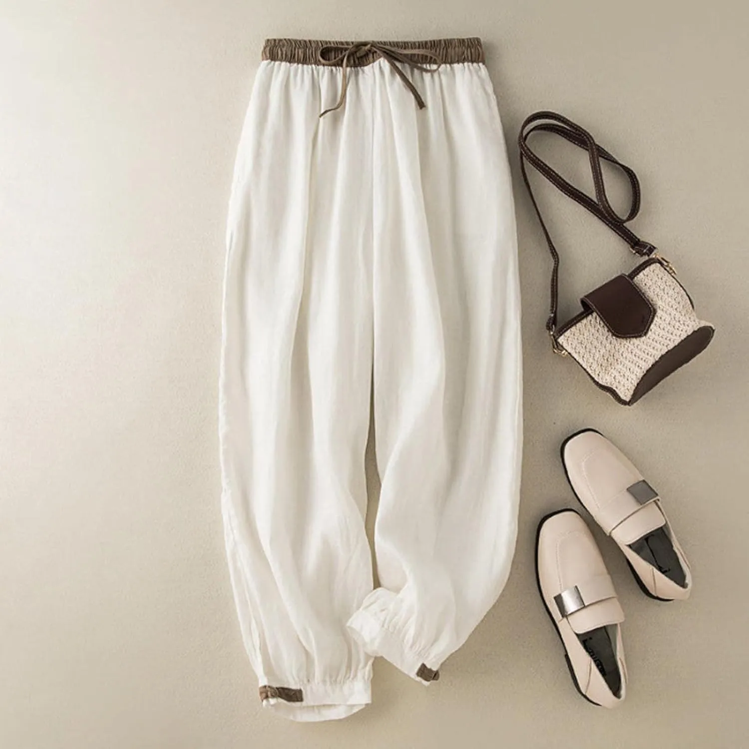 Ceboye Women's High Waist Linen Pants Drawstring Summer Baggy Lantern Tapered Trousers Flax Ankle Comfy Harem Pants