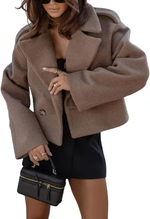 CHARTOU Women Crop Pea Coat Wool Blend Office Work Lapel Collar Short Winter Jacket Trench Coat