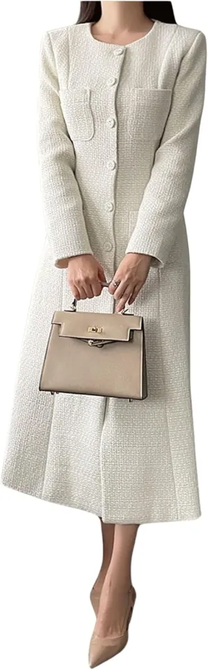 CHARTOU Women Tweed Dress Long Sleeve Single Breast Elegant Lady Long Tweed Blazer Dress