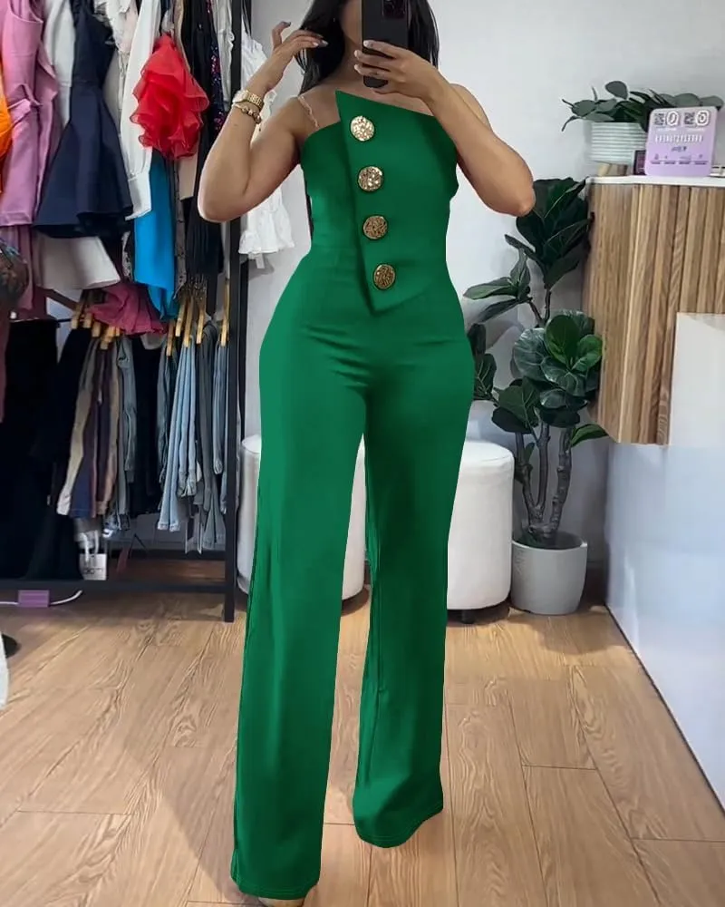 CHICME Women's Strapless Tube Top Jumpsuit Metal Button Decor Loose Wide Leg Pants Rompers