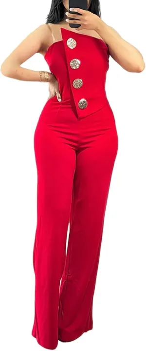 CHICME Women's Strapless Tube Top Jumpsuit Metal Button Decor Loose Wide Leg Pants Rompers