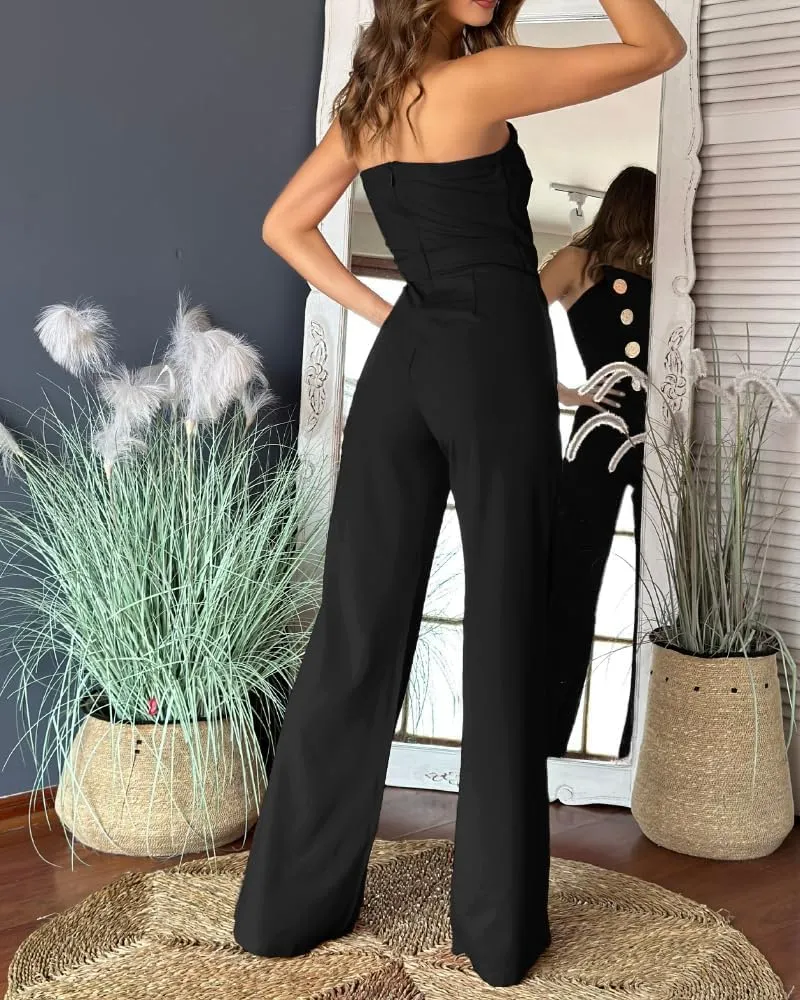 CHICME Women's Strapless Tube Top Jumpsuit Metal Button Decor Loose Wide Leg Pants Rompers