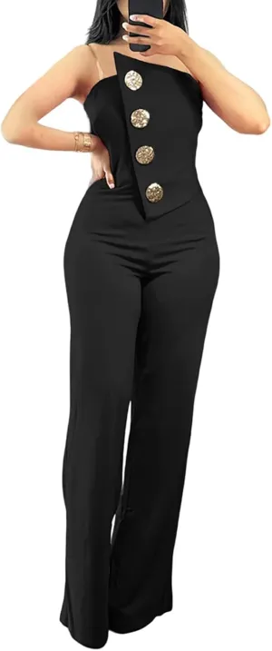CHICME Women's Strapless Tube Top Jumpsuit Metal Button Decor Loose Wide Leg Pants Rompers