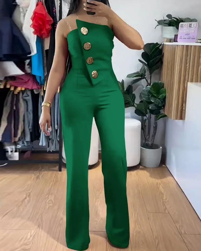 CHICME Women's Strapless Tube Top Jumpsuit Metal Button Decor Loose Wide Leg Pants Rompers