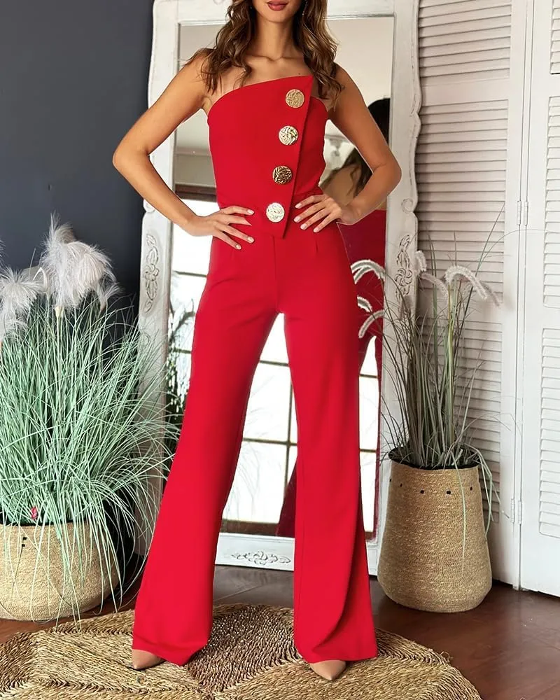 CHICME Women's Strapless Tube Top Jumpsuit Metal Button Decor Loose Wide Leg Pants Rompers