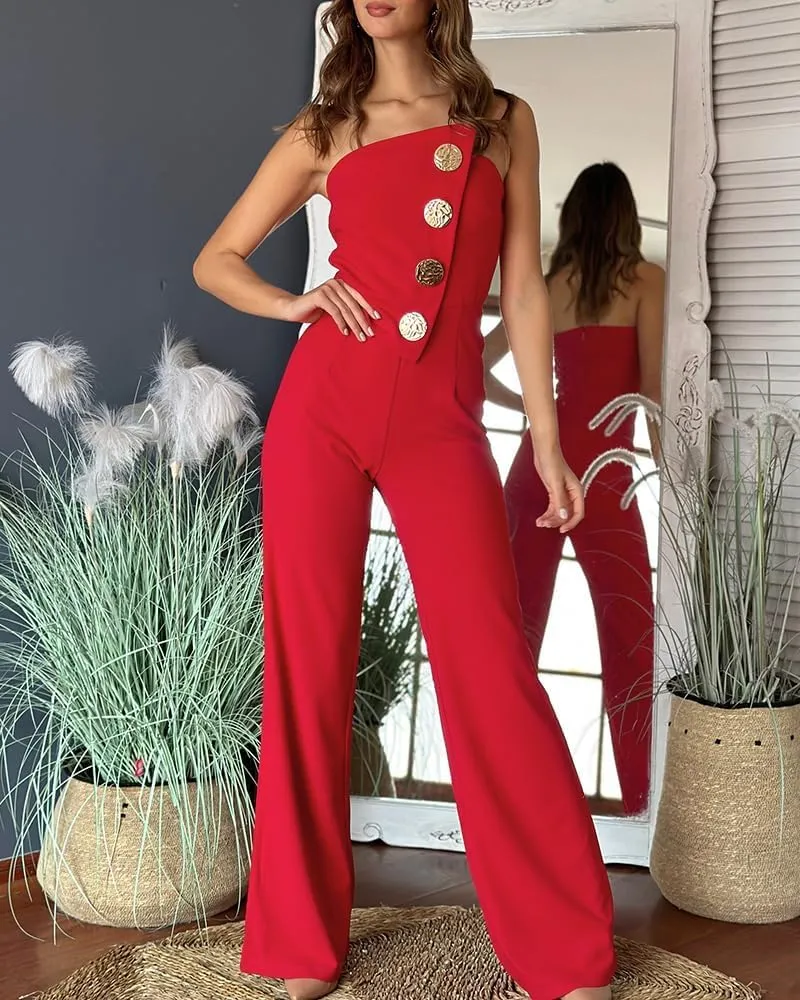 CHICME Women's Strapless Tube Top Jumpsuit Metal Button Decor Loose Wide Leg Pants Rompers