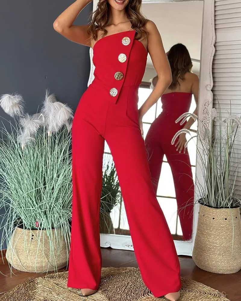 CHICME Women's Strapless Tube Top Jumpsuit Metal Button Decor Loose Wide Leg Pants Rompers