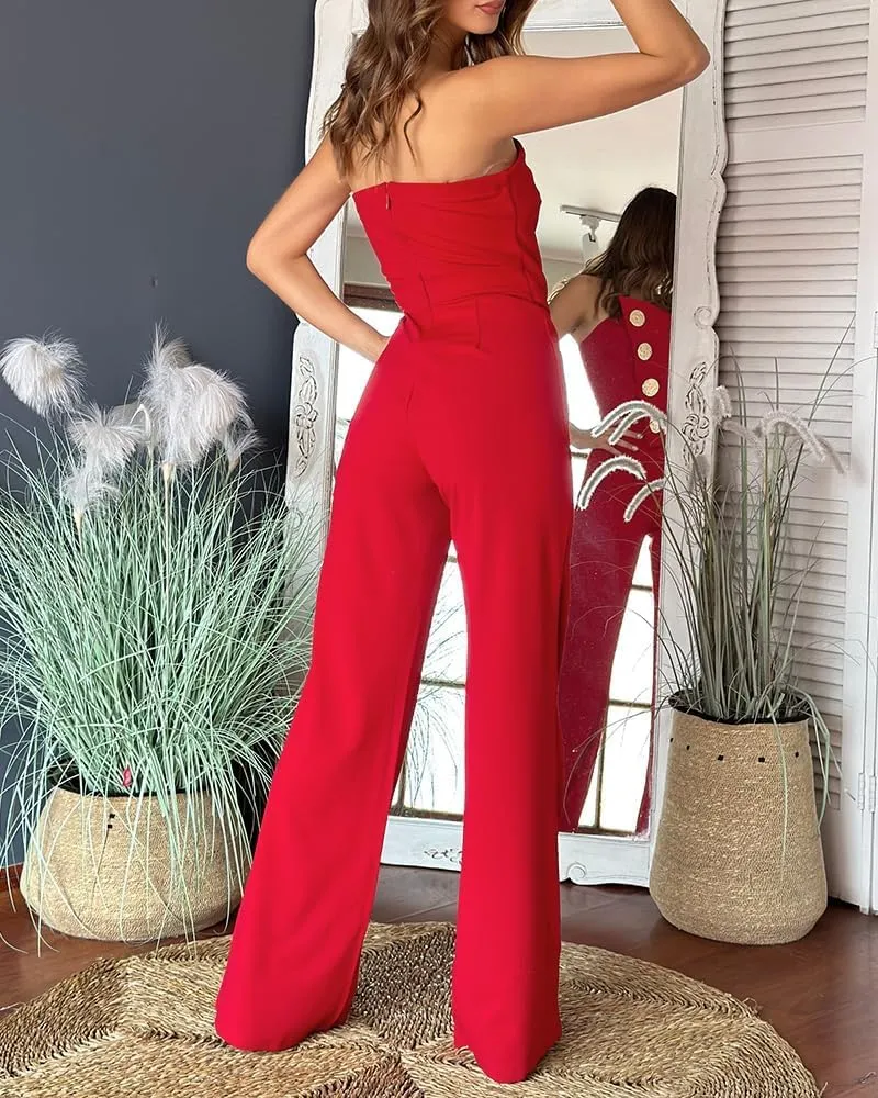 CHICME Women's Strapless Tube Top Jumpsuit Metal Button Decor Loose Wide Leg Pants Rompers
