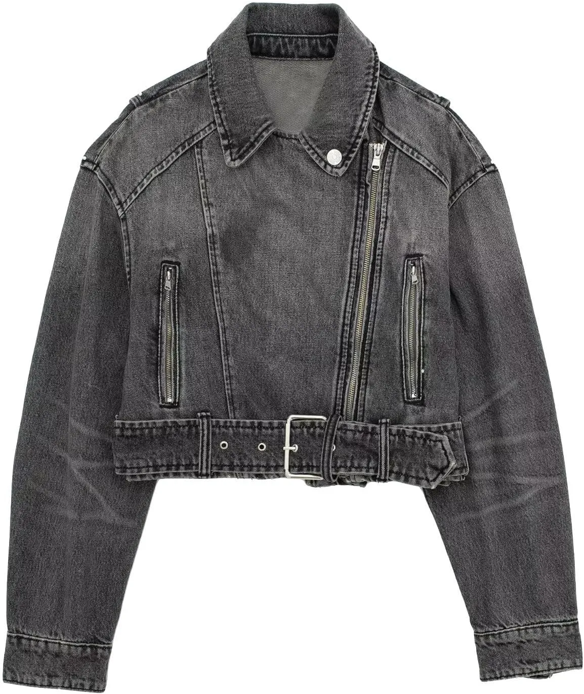 chouyatou Women's Fall Moto Biker Distressed Denim Jacket Boyfriend Casual Belted Short Jean Jacket